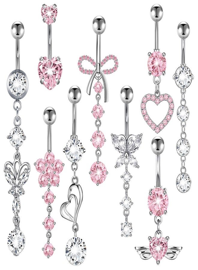 MEDOJO 9Pcs Belly Button Ring Pink White Surgical Stainless Steel Bow Butterfly Heart Flower Navel Ring Belly Piercing for Women - Image 1